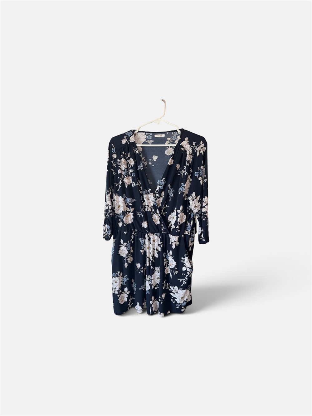 Maurices Navy Floral Wrap Romper with Cream Flowers